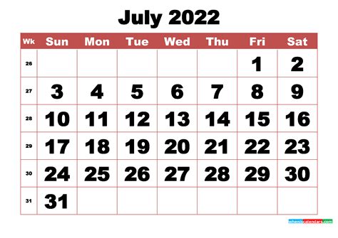 July Calendar For 2022